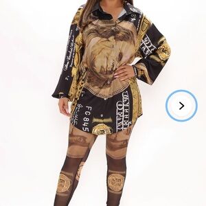 Fashion Nova Black & Gold Medallion Print Mesh Leggings